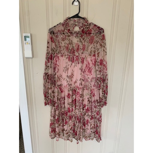 En Focus Studio Pink Floral Tiered Dress Ruffle Mock Neck Long Sleeve Size 10 - Picture 1 of 4